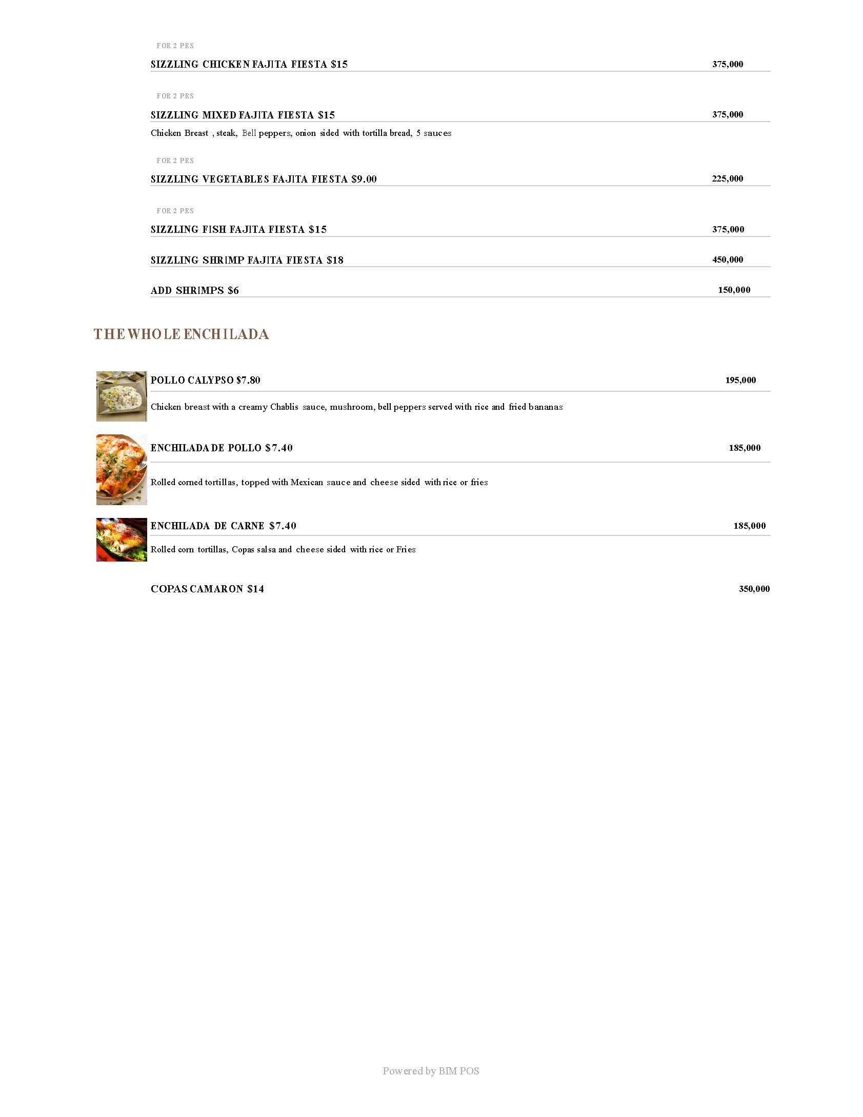 Copas Restaurant menu