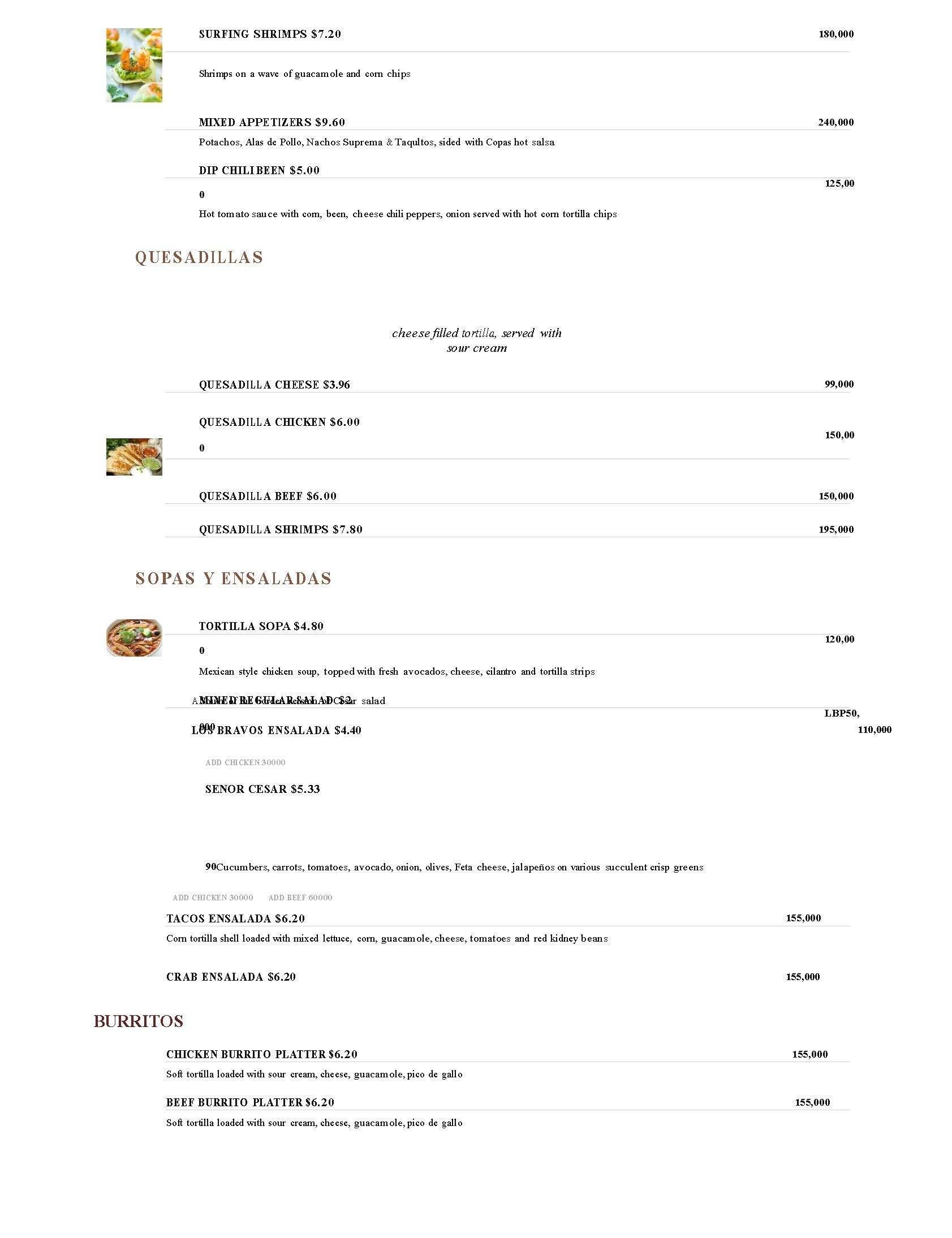 Copas Restaurant menu