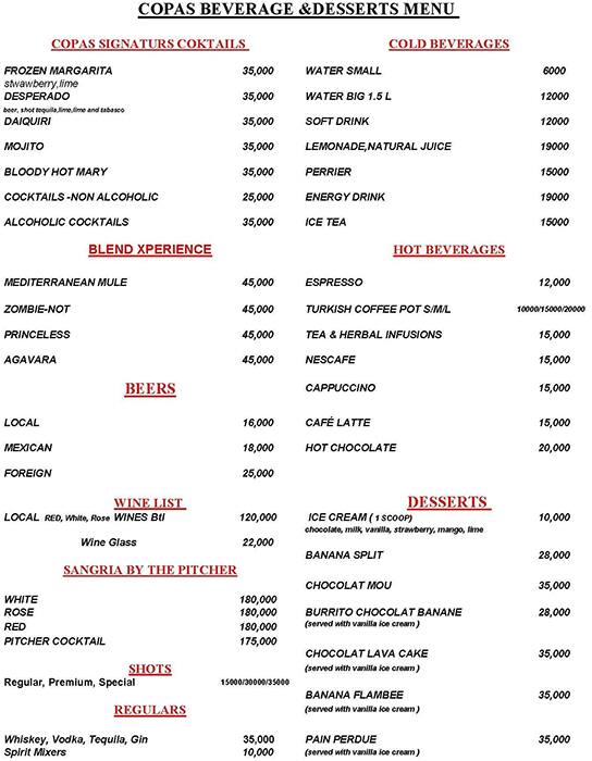 Copas Restaurant menu