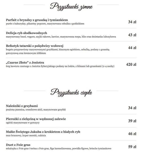 Menu at Pod Gigantami restaurant, Warsaw