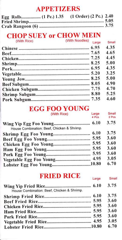 Menu at Wing Yip restaurant, Chicago