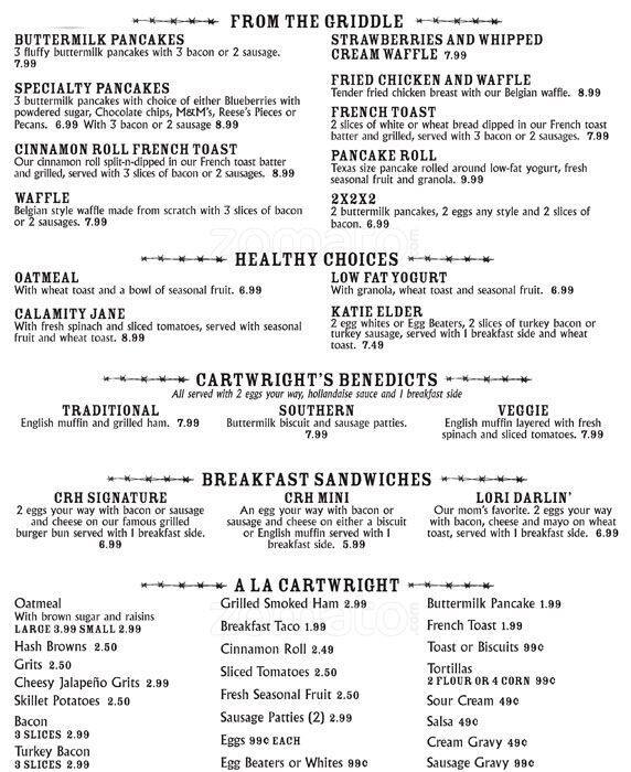 Menu at Cartwright's Ranch House restaurant, Denton