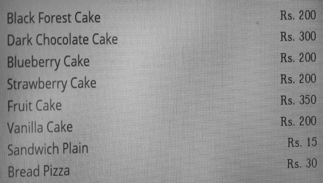 Narang’s Bake N Cake menu