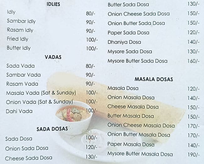 Rao's Udipi Home (AC) menu