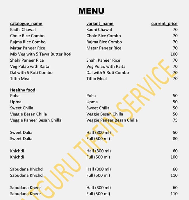 Menu of Satguru Tiffin Service, Sector 49, Faridabad