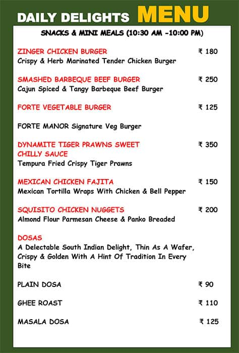 Menu of Hotel Forte Manor, Thycaud, Trivandrum