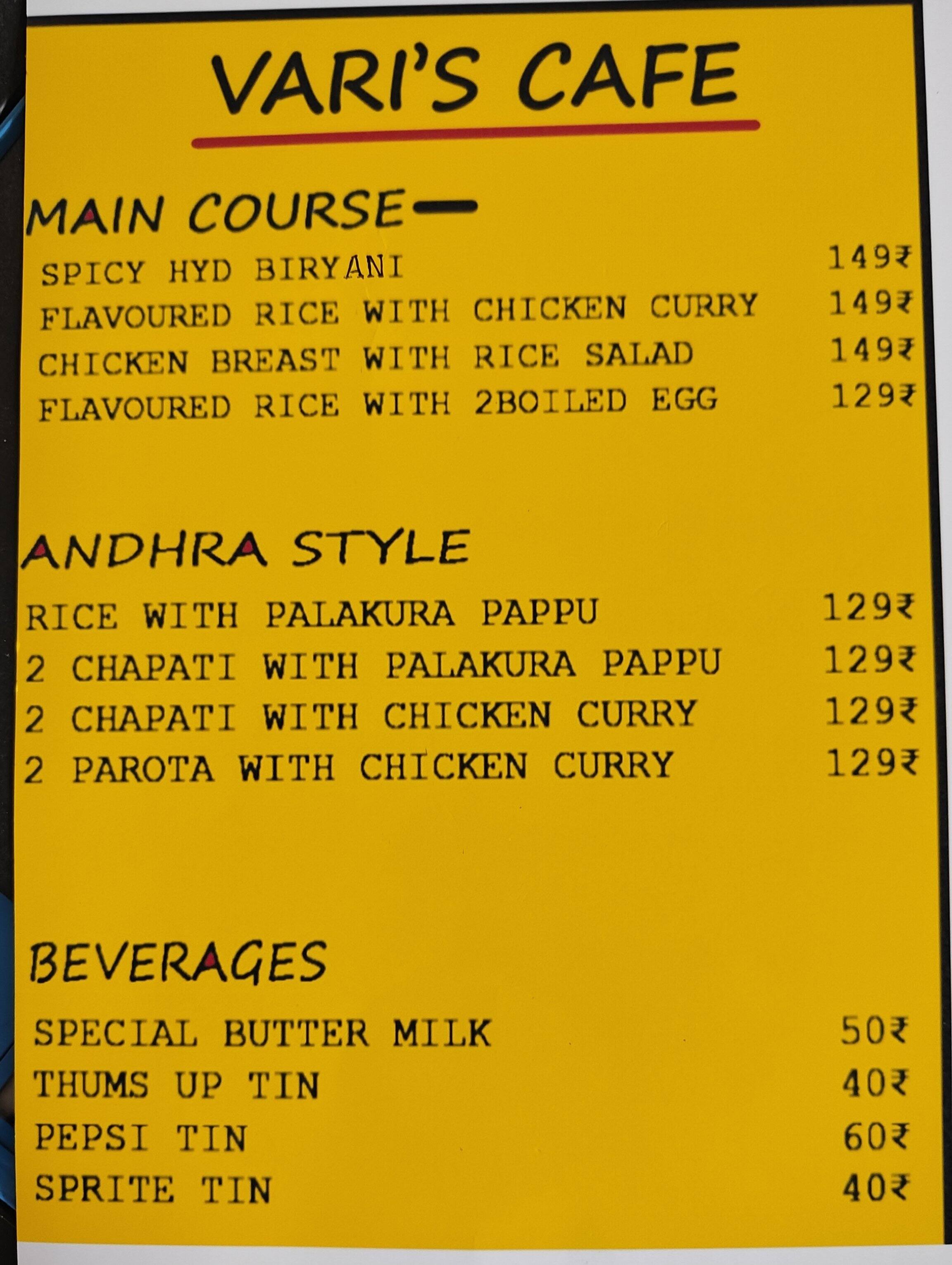 Menu of Varis Cafe, Kanakapura Road, Bangalore
