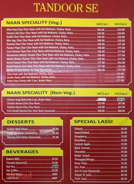 Moolchand Parantha menu