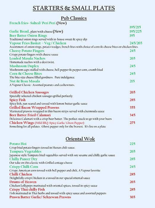 Vapour Pub and Brewery menu