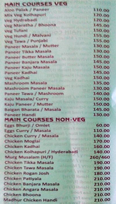 Madhur Family Restaurant menu