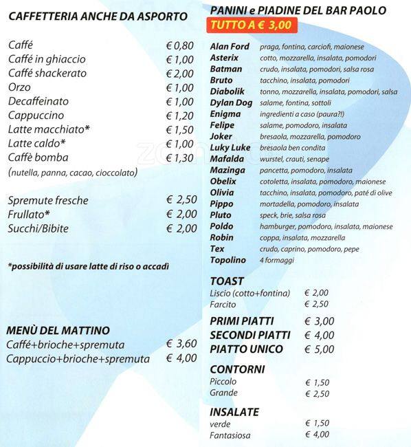 Menu di Bar Paolo 