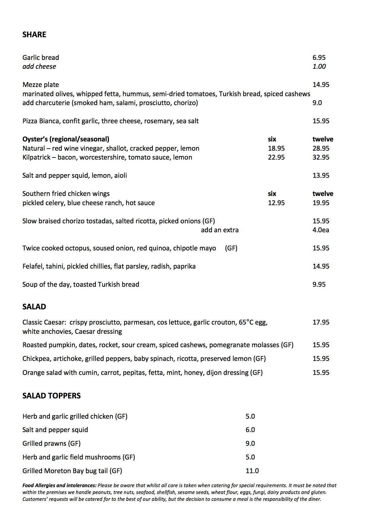 The Kenmore Menu, Menu untuk The Kenmore, Kenmore, Brisbane