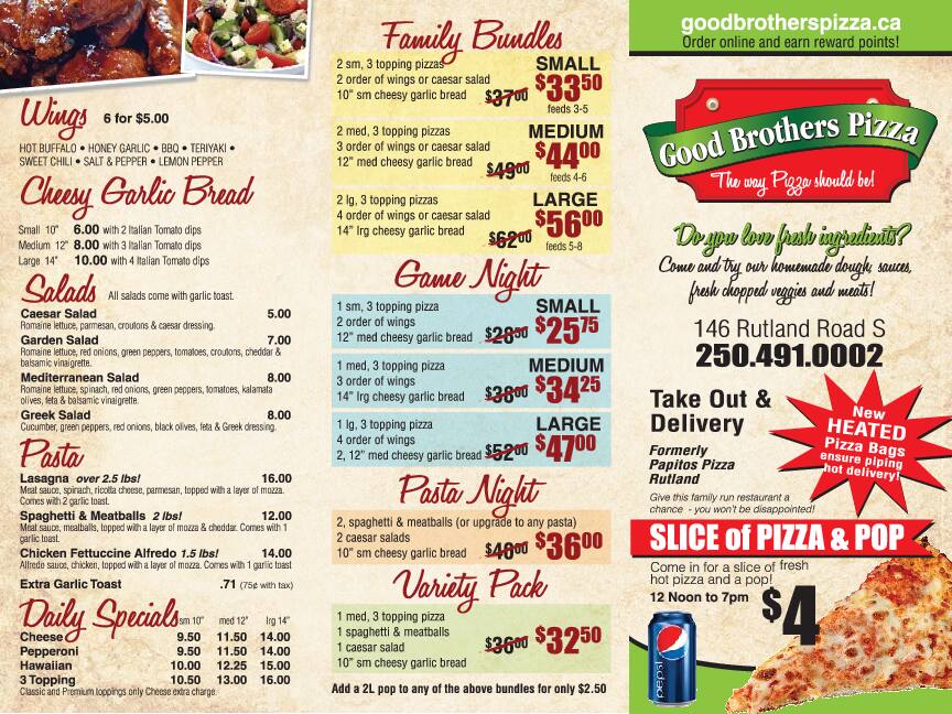 Good Brothers Pizza Menu, Menu for Good Brothers Pizza, Rutland, Kelowna - Urbanspoon/Zomato