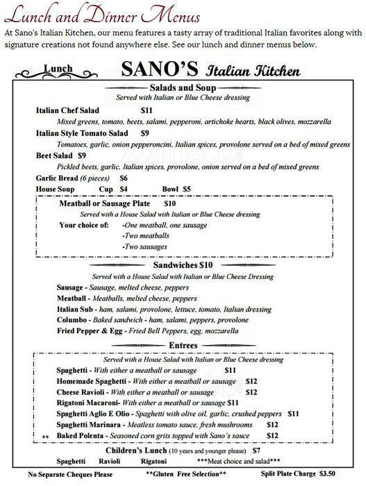 Sano's Italian Kitchen Menu Urbanspoon/Zomato