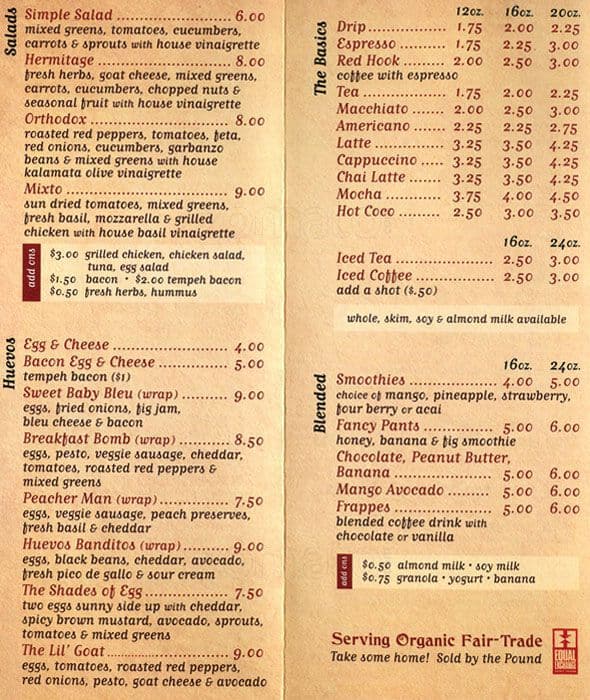Red Hook Coffee & Tea Menu Urbanspoon/Zomato