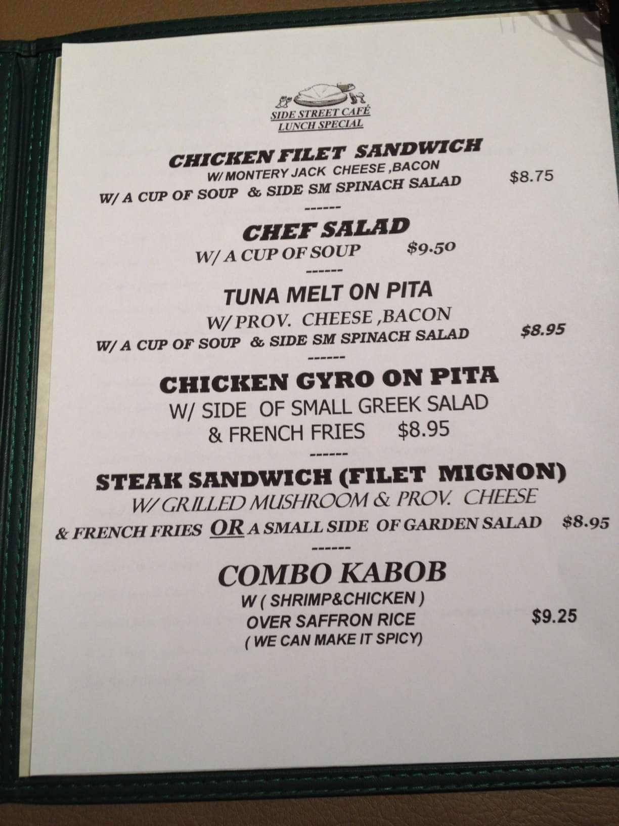 Menu at Side Street Cafe, Cockeysville