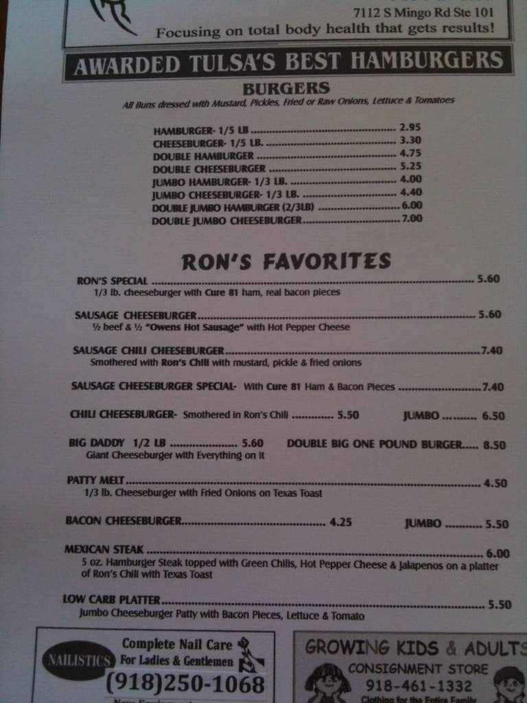 Ron's Hamburgers & Chili Menu Urbanspoon/Zomato