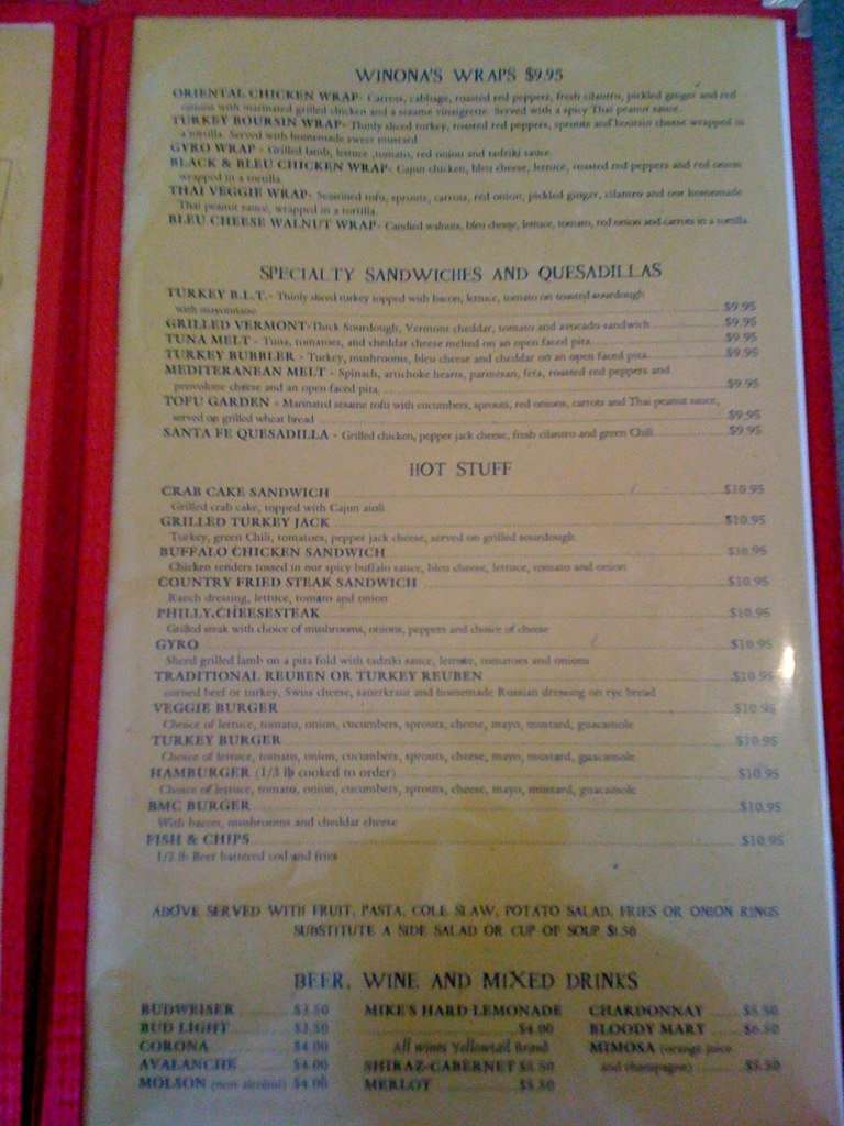 Menu at Winona's Restaurant, Steamboat Springs