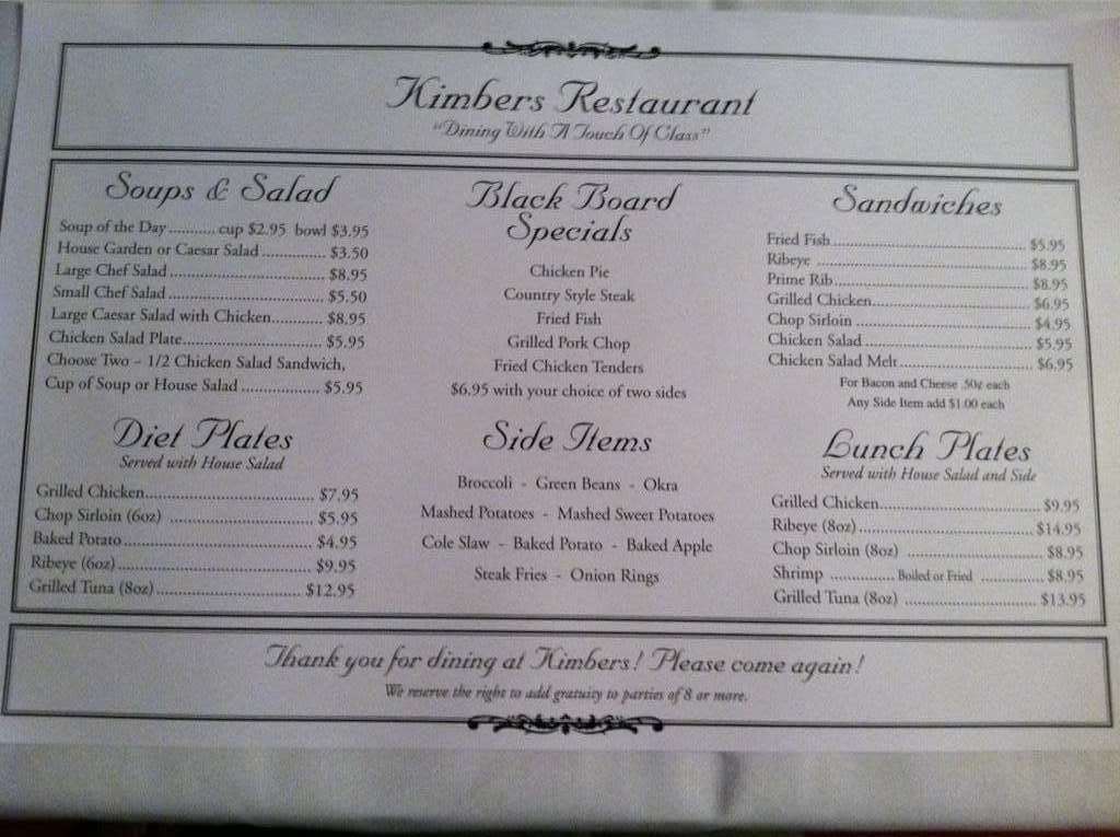 Menu at Kimber's restaurant, Gibsonville