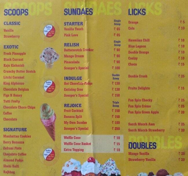 Creambell Scoopers Menu, Menu for Creambell Scoopers, Mani Nagar