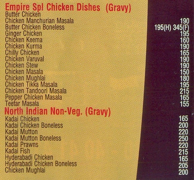 Empire Restaurant, Indiranagar Menu