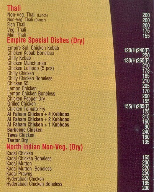 Empire Restaurant Menu, Menu for Empire Restaurant, Koramangala 5th