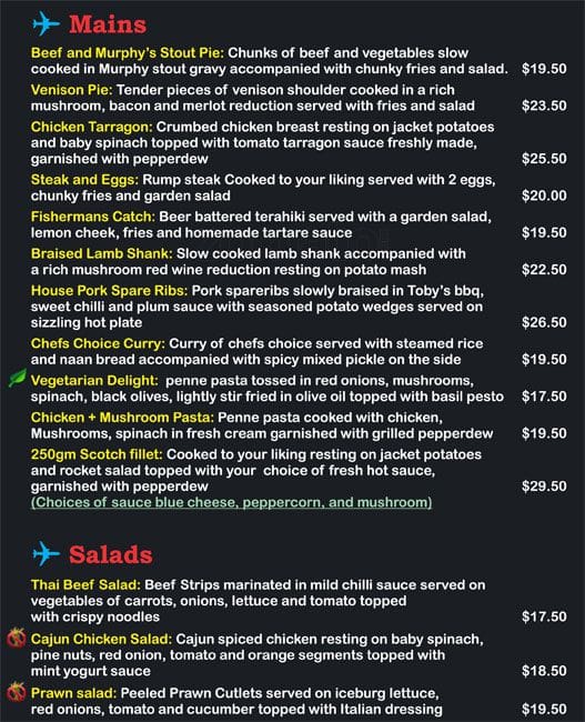 Menu at The Toby Jug restaurant, Auckland