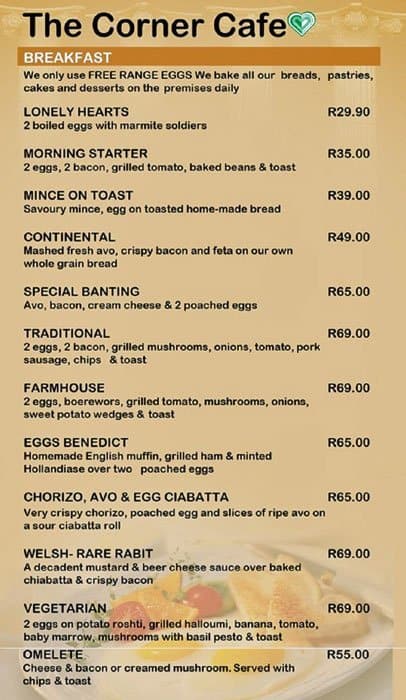 The Corner Cafe Menu Menu For The Corner Cafe Glenwood Durban