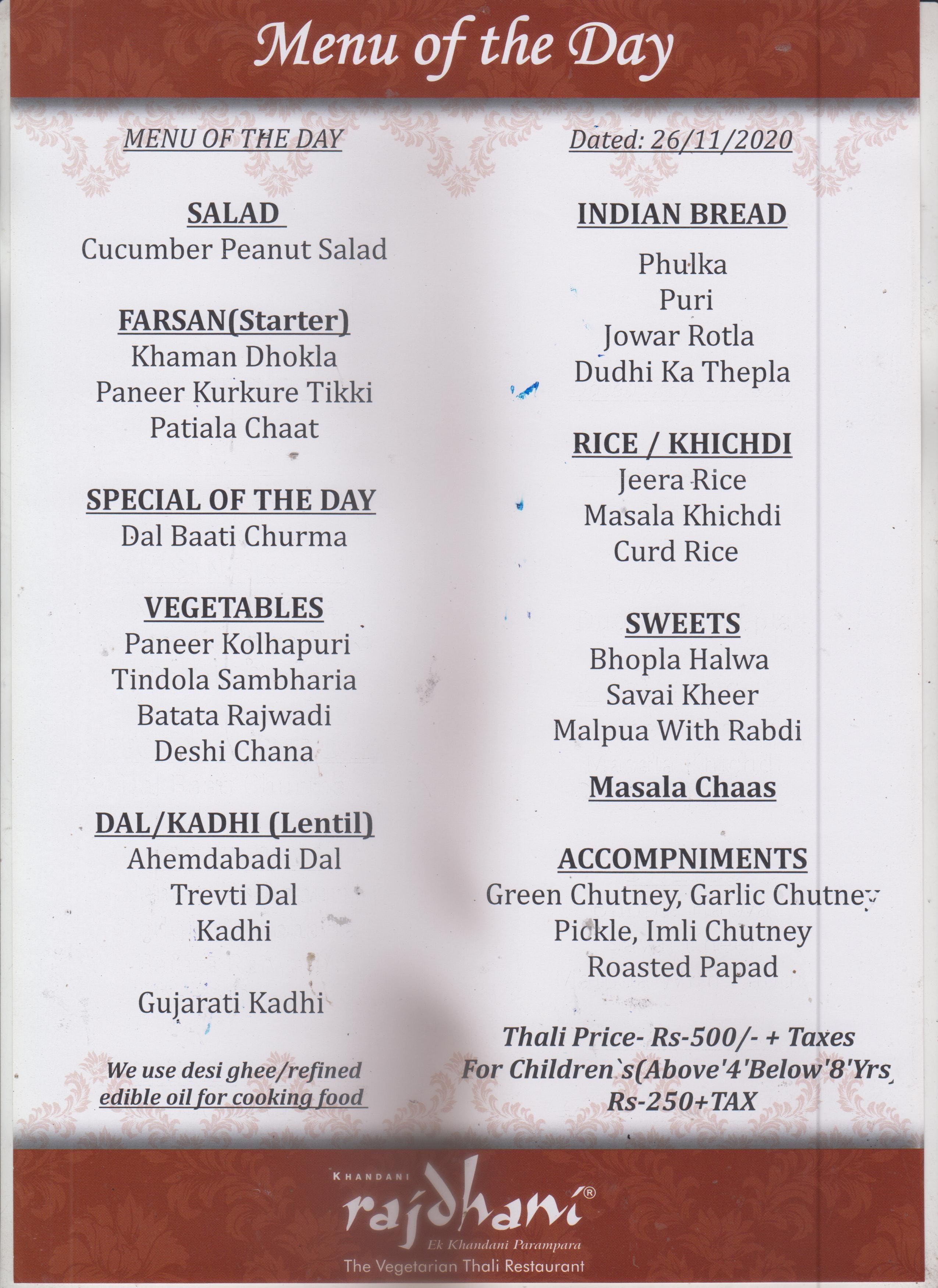 Menu at Rajdhani, Hyderabad, Uptown Banjara Level 1