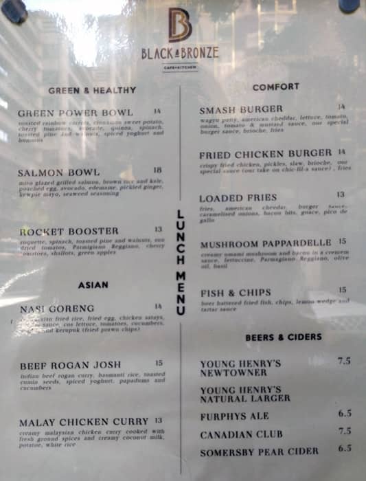 Menu at Black & Bronze cafe, Sydney