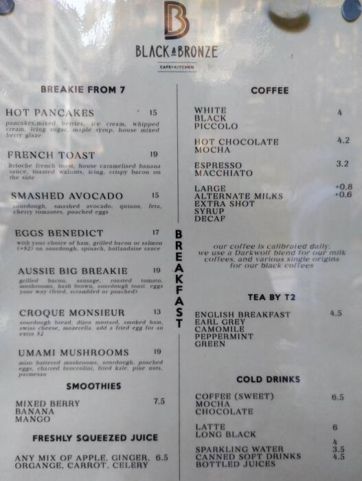 Menu at Black & Bronze cafe, Sydney