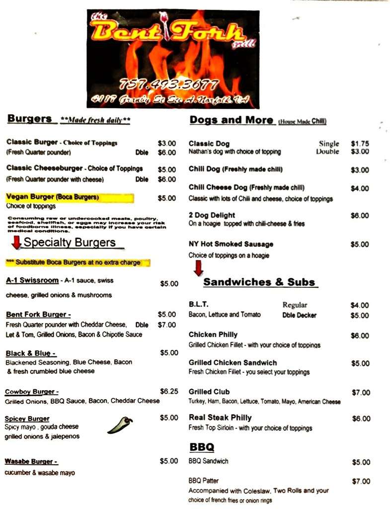 Bent Fork Grill Menu, Menu for Bent Fork Grill, Ghent, Hampton Roads