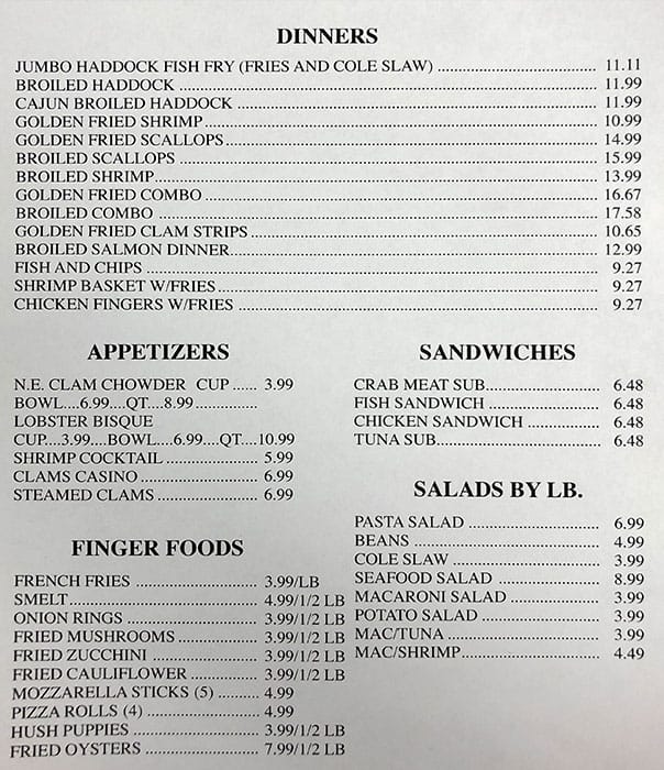 Menu at Davies Seafood restaurant, Rochester