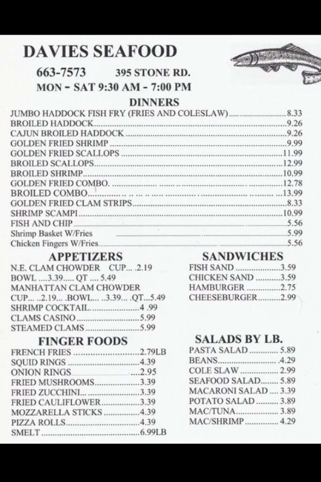 Menu at Davies Seafood restaurant, Rochester