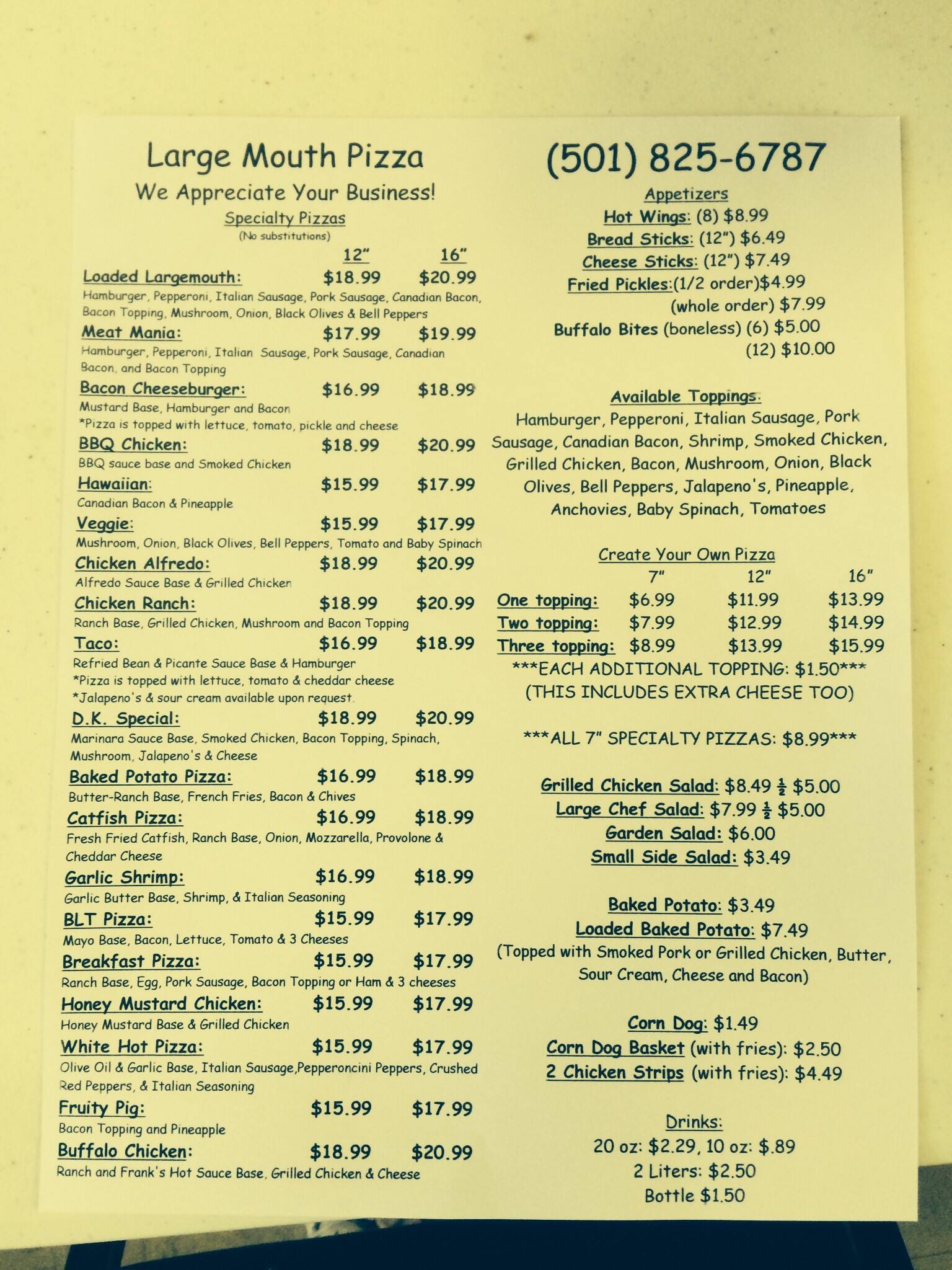 Large Mouth Pizza Menu, Menu for Large Mouth Pizza, Greers Ferry