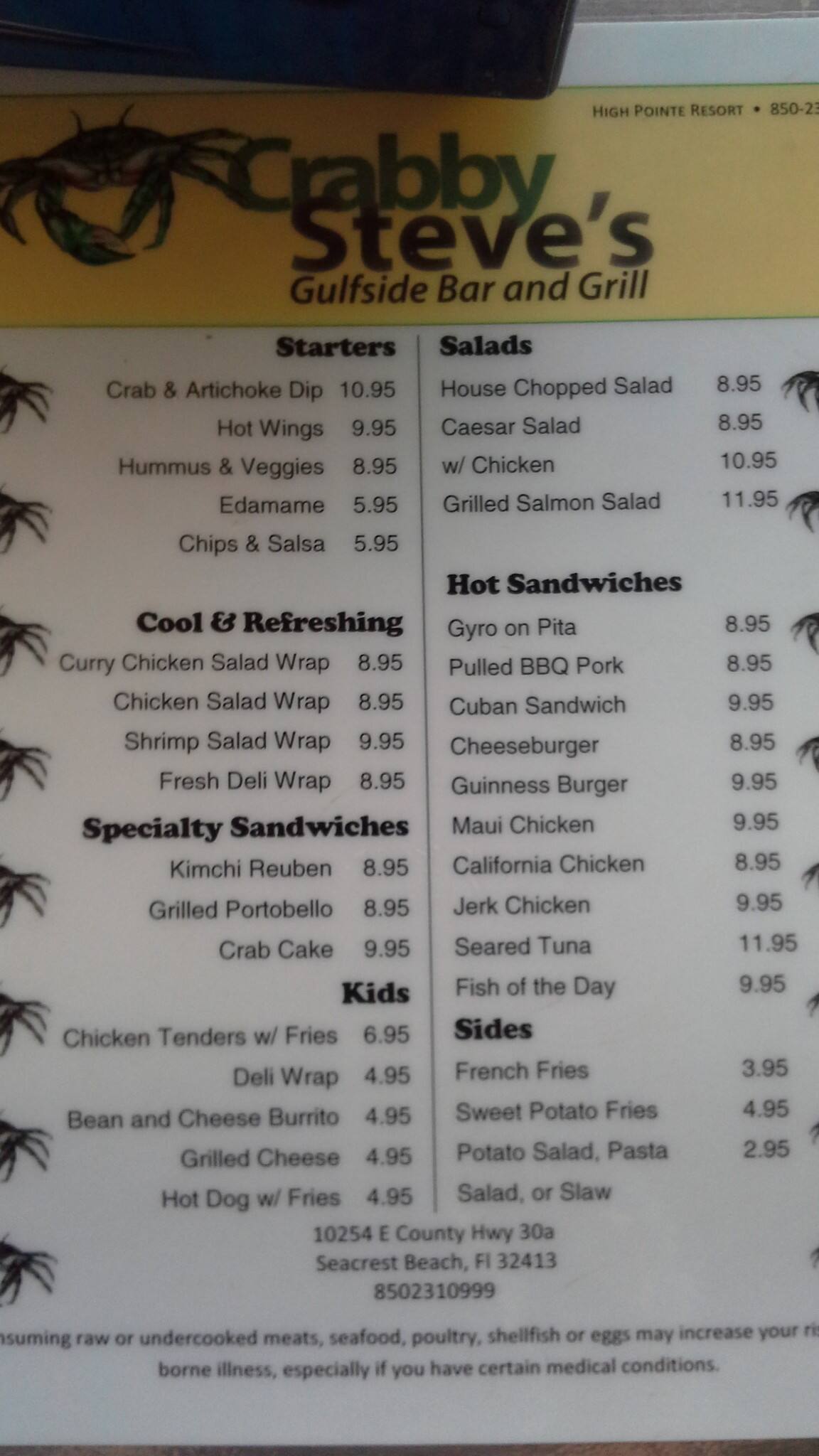 Crabby Steve's Menu, Menu for Crabby Steve's, Rosemary Beach/Alys Beach