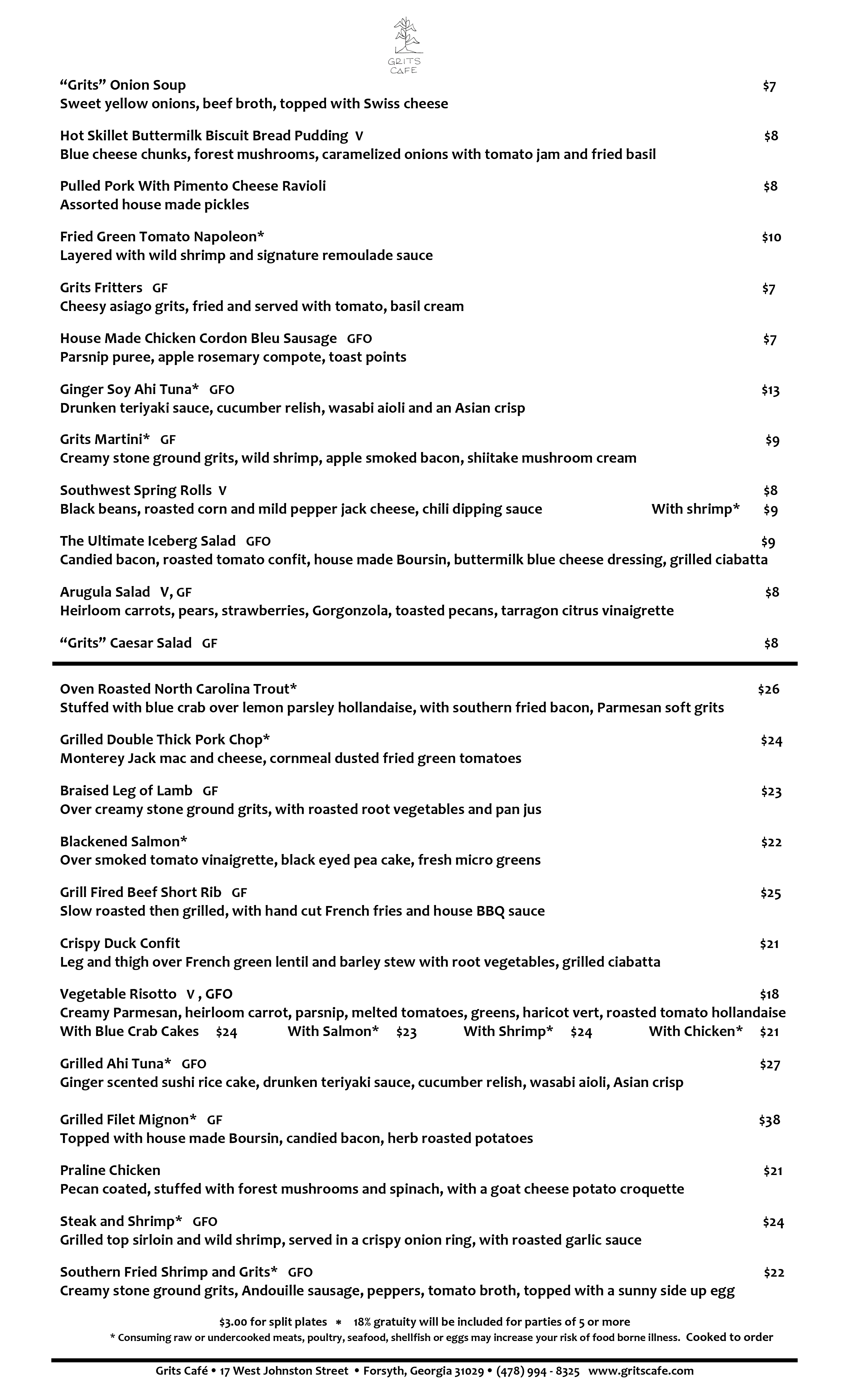 Menu at Grits Cafe, Forsyth