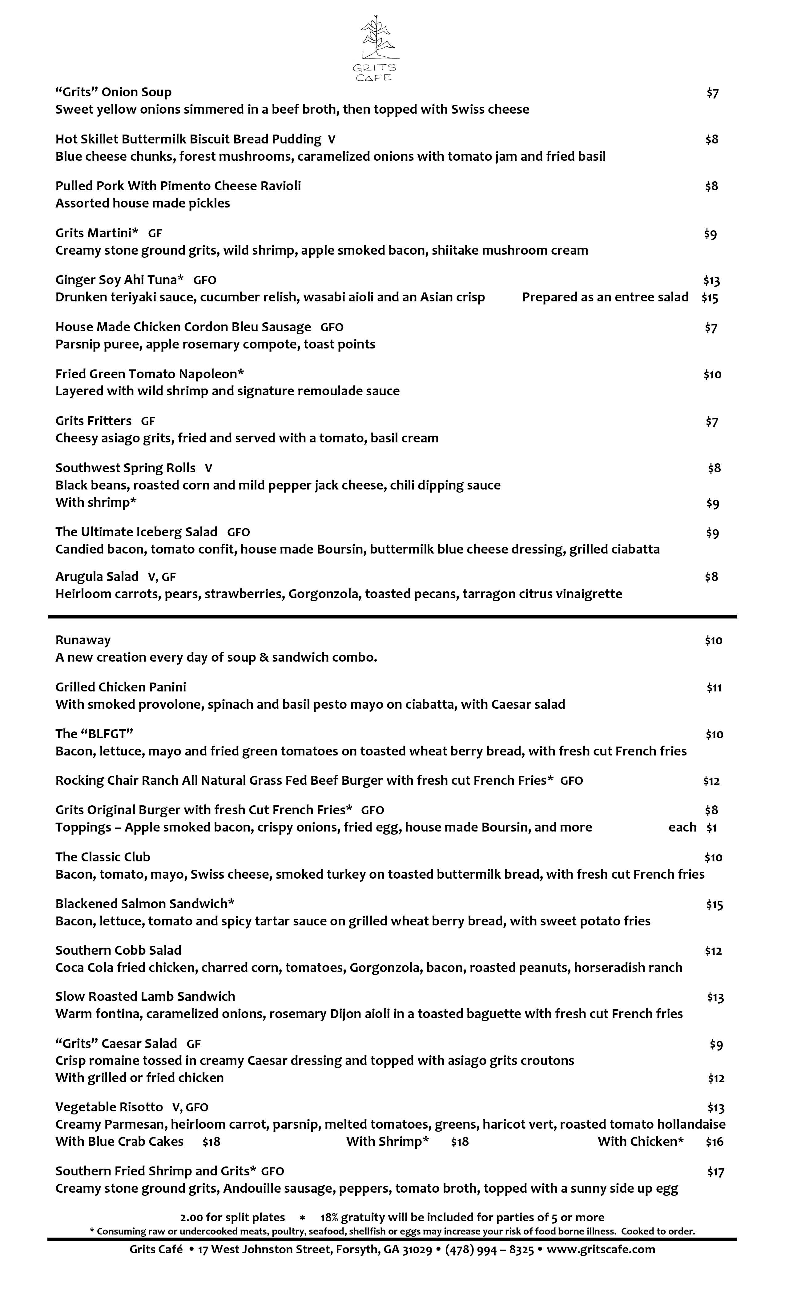 Menu at Grits Cafe, Forsyth