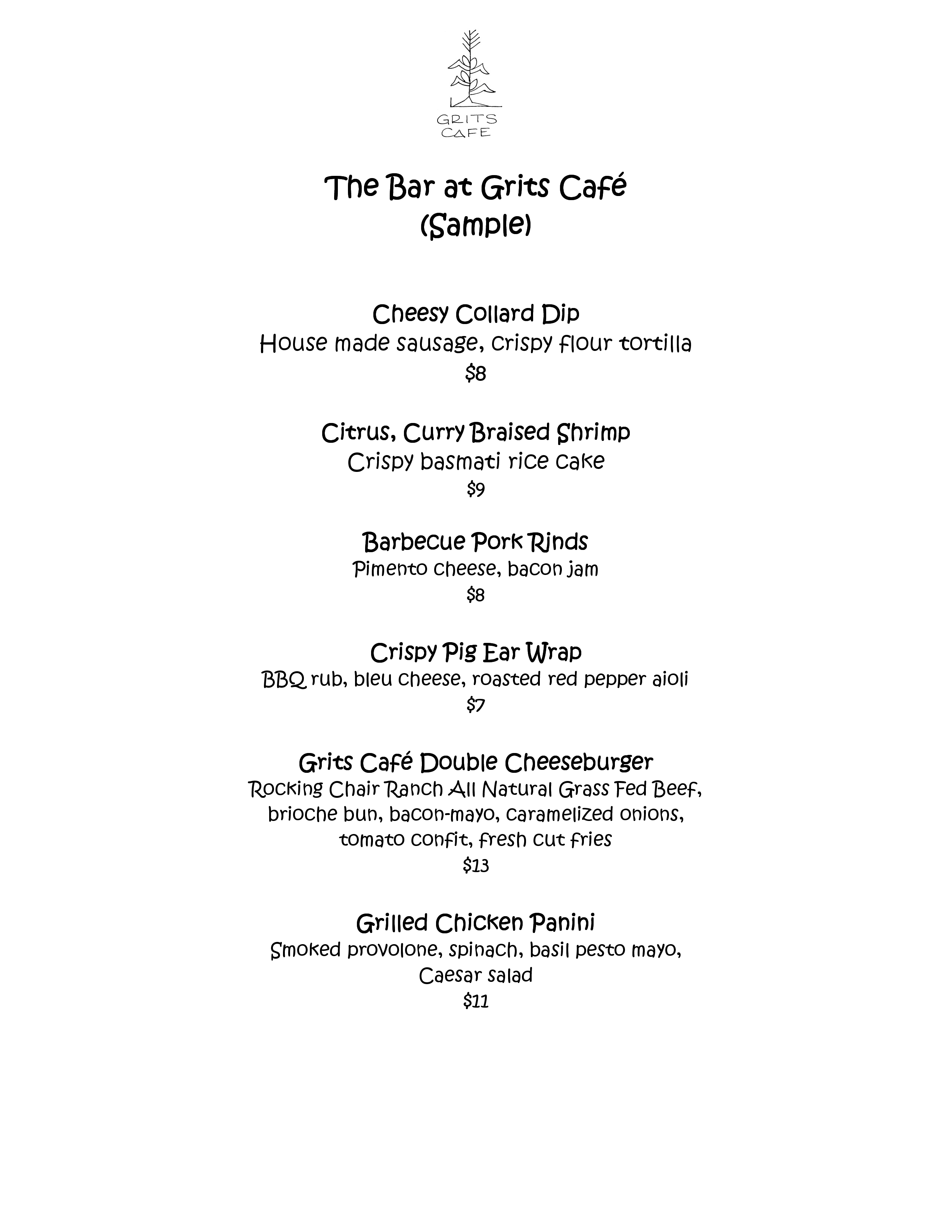 Menu at Grits Cafe, Forsyth