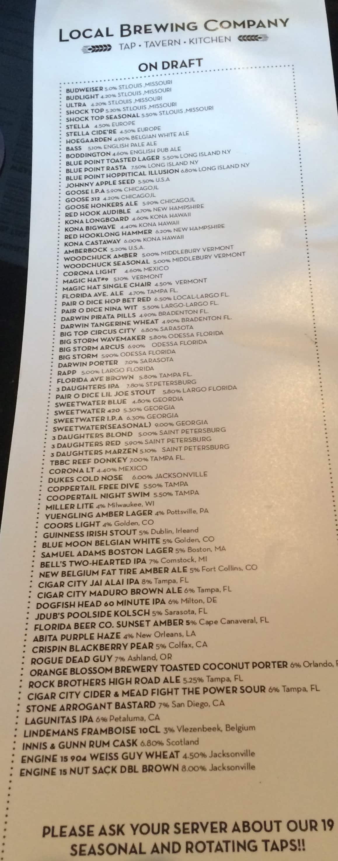 Local Brewing Company Menu, Menu for Local Brewing Company, Palm Harbor