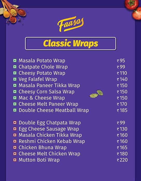 Menu of Faasos Wraps & Rolls, Sector 56, Gurgaon