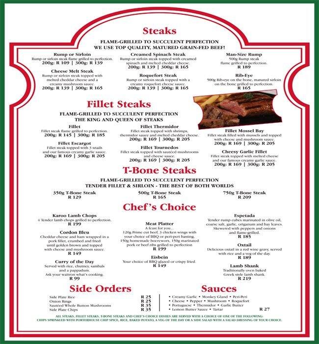 Menu at The Porterhouse restaurant, Roodepoort, Ontdekkers Road