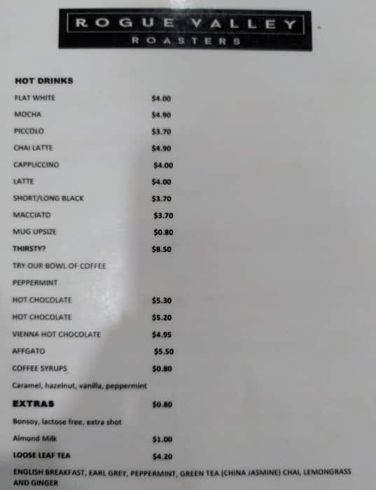 Menu at Rogue Valley Roasters cafe, Penrith, 585 High St