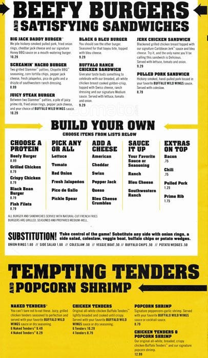 buffalo wild wings menu precios