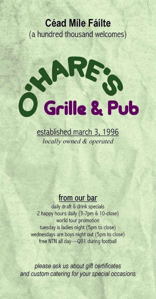 Menu at O'Hare's Grille & Pub, Rio Rancho