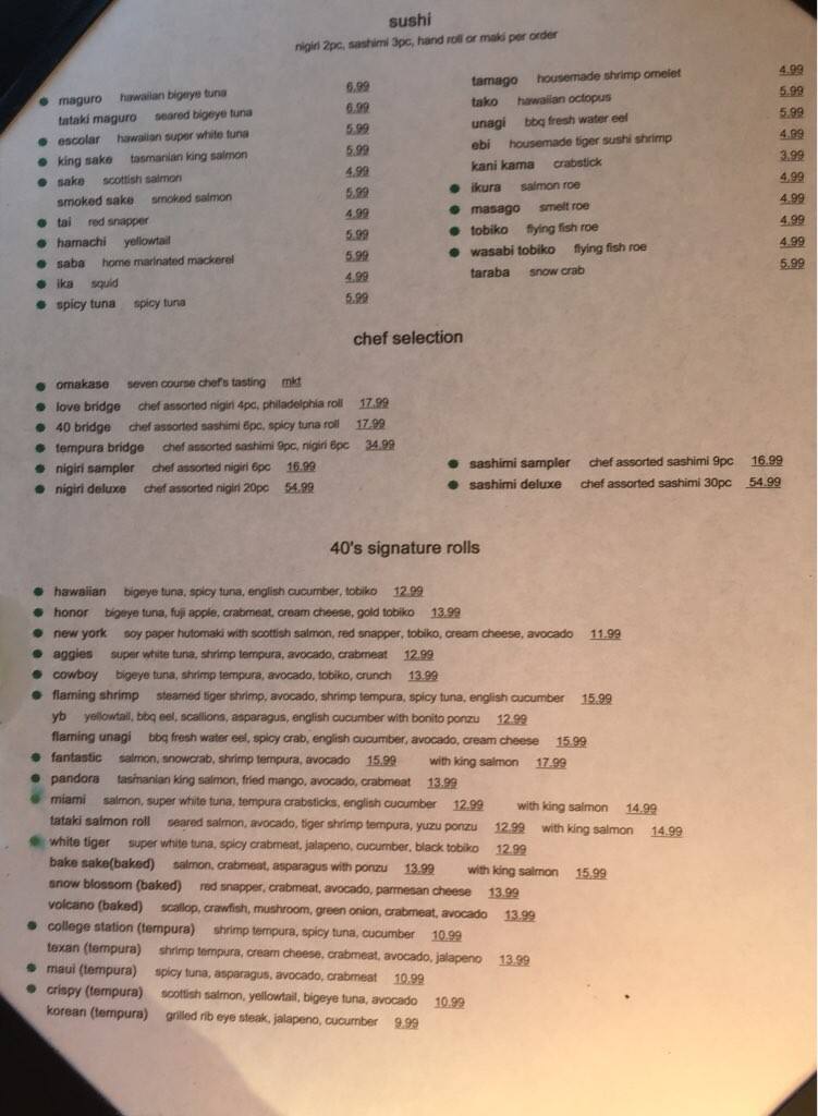 Menu at 40 Tempura restaurant, College Station