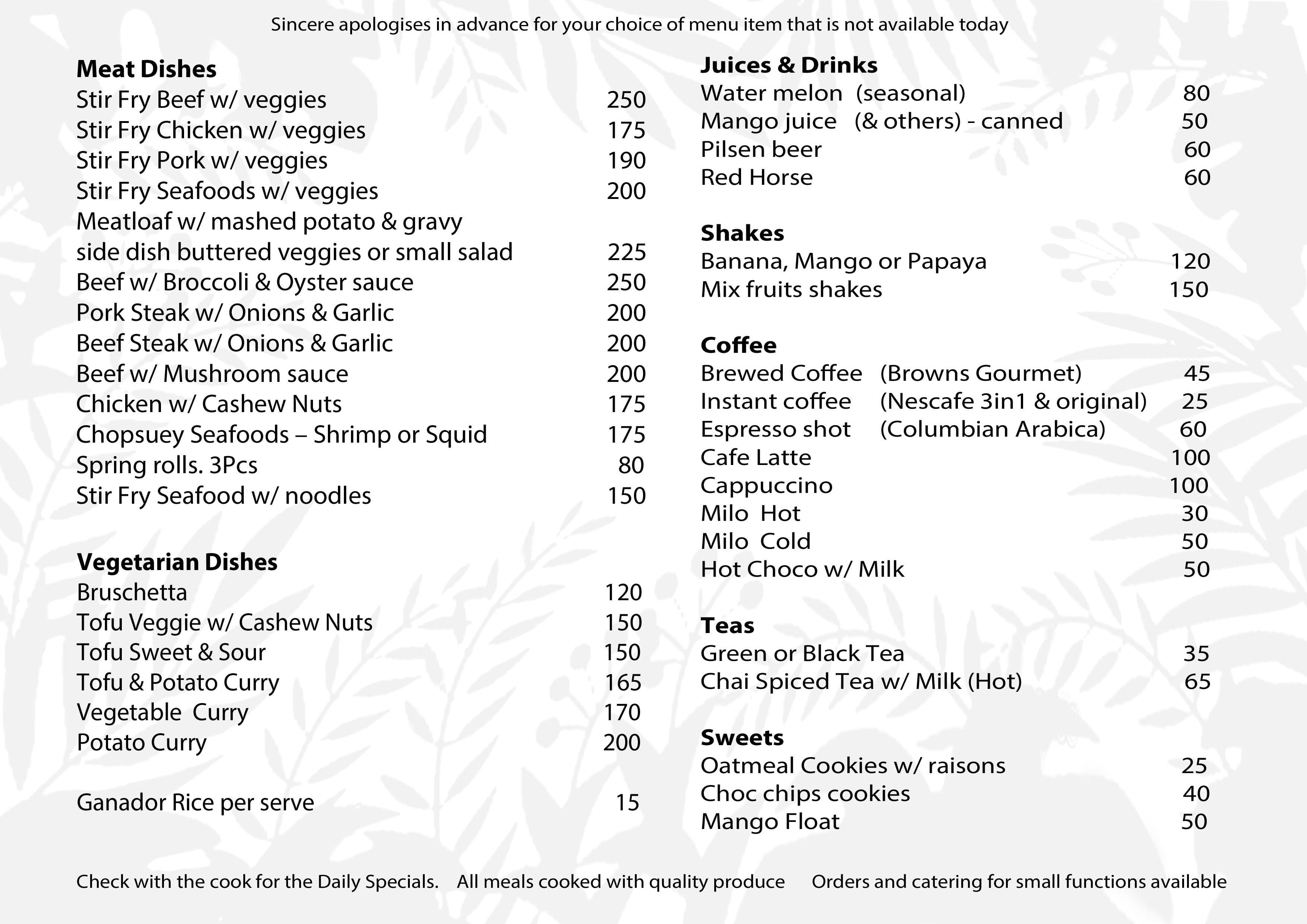 Menu at Sugars Cafe, Barili