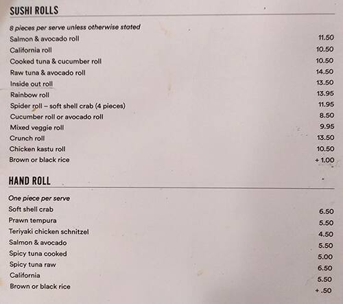David Jones Food Hall Sushi Bar Menu