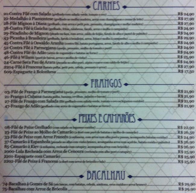 Bar do Adão cardápio