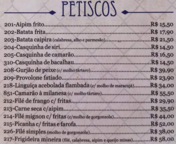 Bar do Adão cardápio